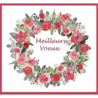 Carte artisanale Meilleurs Voeux Couronne Fleurs rouges et Roses, feuillage