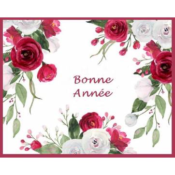 Carte artisanale Bonne Année Cadre de Roses Fushias et blanches