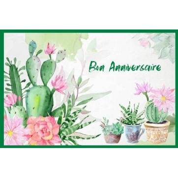 Carte Anniversaire aquarelle Cactus et Fleurs roses Amelia