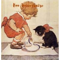 Carte Anniversaire aquarelle Fillette, chat et bol de lait