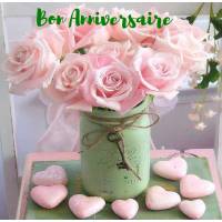 Carte Anniversaire "Bon Anniversaire Vase de Roses et coeurs"