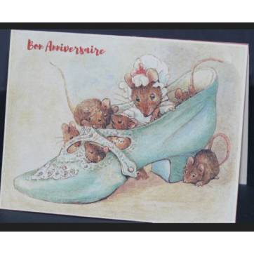 Carte Anniversaire double aquarelle Béatrix Potter Souris dans chaussure