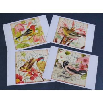 Cartes Anniversaire vintage, Oiseaux et Fleurs, paquet de 4 cartes