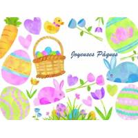 Carte de Pâques Lapins, oeufs, tons multicolores