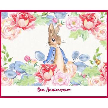 Carte Anniversaire enfants Peter Rabbit et Fleurs roses
