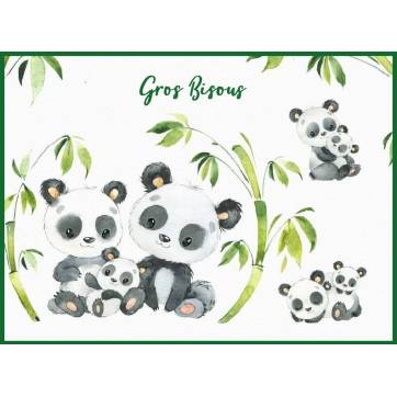 Carte "Gros Bisous" Famille Pandas reproduction d'aquarelle