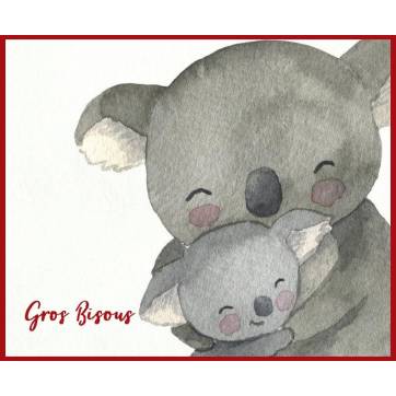 Carte "Gros Bisous" Maman Koala et Bébé reproduction d'aquarelle