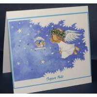Carte Joyeux Noël double aquarelle Ange et Oiseau bleu