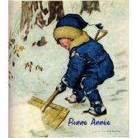 Carte Meilleurs Voeux Bonne Année Enfant et Pelle dans la neige