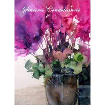 Carte Condoléances Vase et Bouquet de Fleurs roses