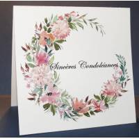 Carte Condoléances double demi couronne Fleurs roses