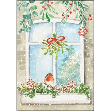 Carte Joyeux Noël ou Nouvel an dble Rouge Gorge sur la Fenêtre