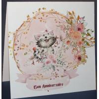 Carte Anniversaire double couronne fleurs roses et chaton