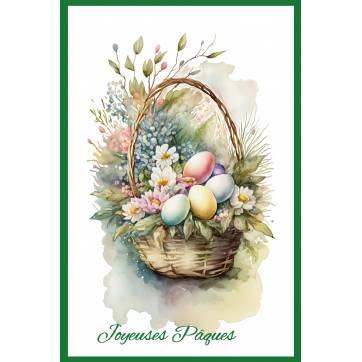 Carte de Pâques Joyeuses Pâques Panier fleuri et Oeufs