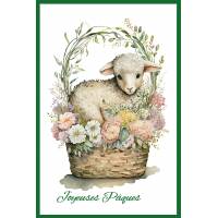 Carte de Pâques Joyeuses Pâques Panier fleuri et Agneau