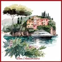 Carte Anniversaire Riviera et Fleurs 5, reproduction d'aquarelle