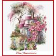 Carte Anniversaire Maison et Fleurs roses reproduction d'aquarelle