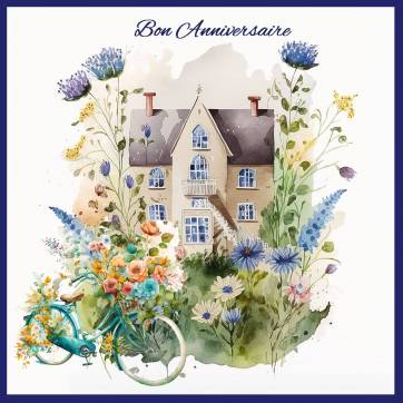 Carte Anniversaire Maison bleue et Bicyclette fleurie reproduction d'aquarelle