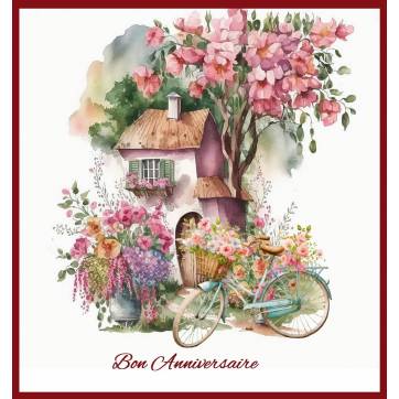 Carte Anniversaire Maison rose et Bicyclette fleurie reproduction d'aquarelle