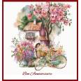 Carte Anniversaire Maison rose et Bicyclette fleurie reproduction d'aquarelle