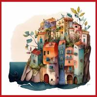 Carte aquarelle Maisons colorées de bord de Mer 4 sans texte