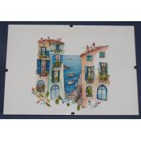 Cadre Sous-verre avec carte artisanale aquarelle Maisons colorées de bord de Mer 2