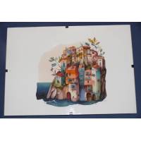 Cadre Sous-verre avec carte artisanale aquarelle Maisons colorées de bord de Mer 4