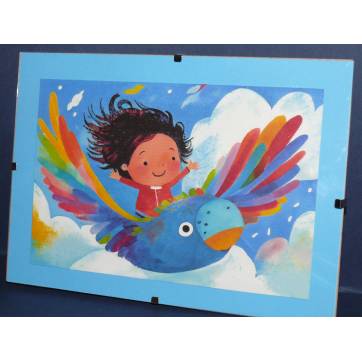 Cadre Sous-verre avec carte artisanale aquarelle Happy Kids Léa chevauchant l'oiseau