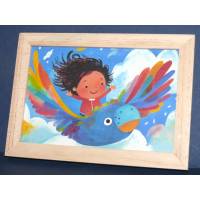 Cadre Sous-verre avec carte artisanale aquarelle Happy Kids Léa et l'oiseau