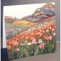 Carte Anniversaire double reproduction de Broderie Champ de Tulipes