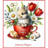 Carte de Pâques Joyeuses Pâques Lapinou Peanut dans tasse rouge