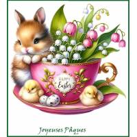 Carte de Pâques Joyeuses Pâques Lapinette dans tasse rose